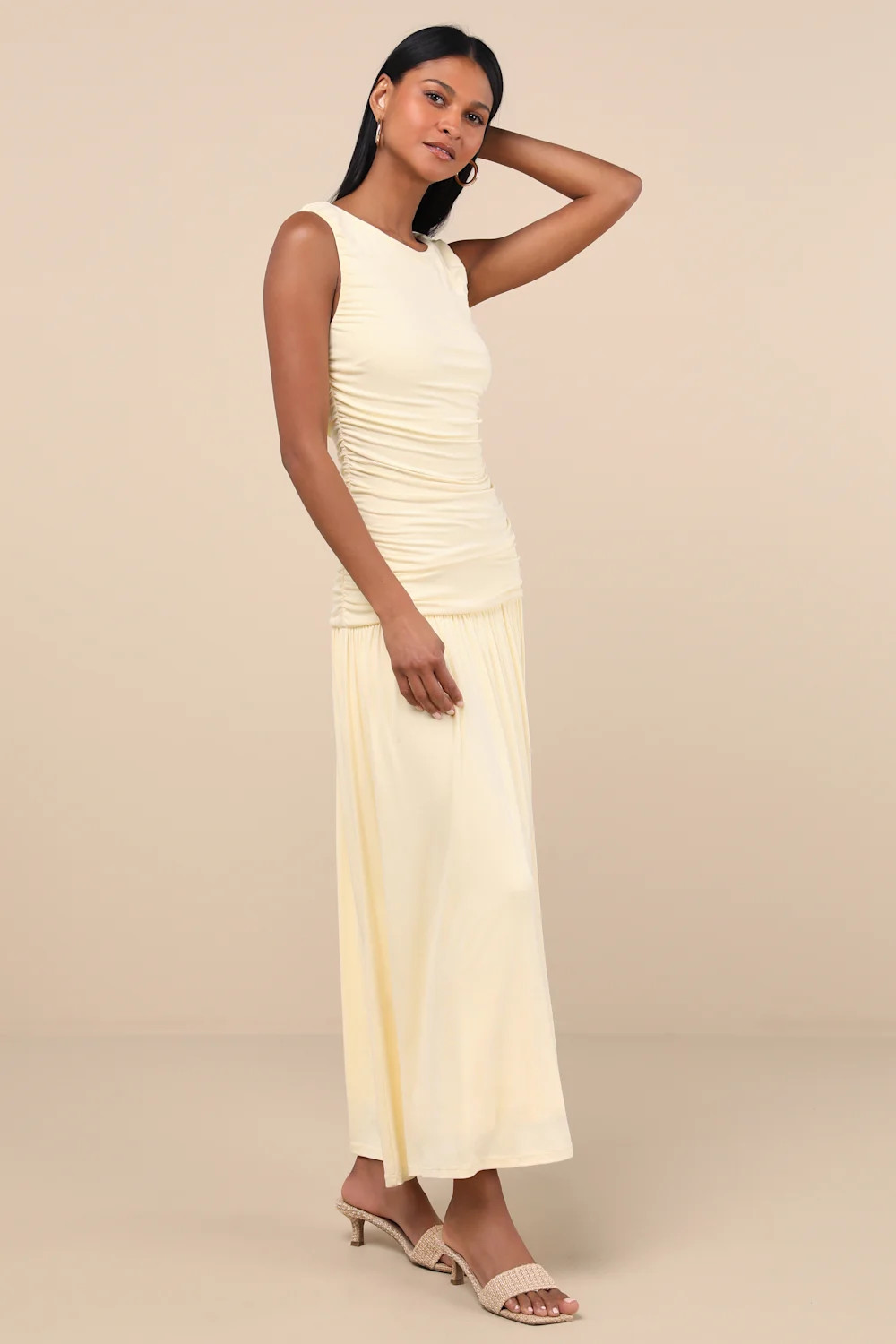 Tamber Light Yellow Jersey Knit Drop Waist Midi Dress | Lulus