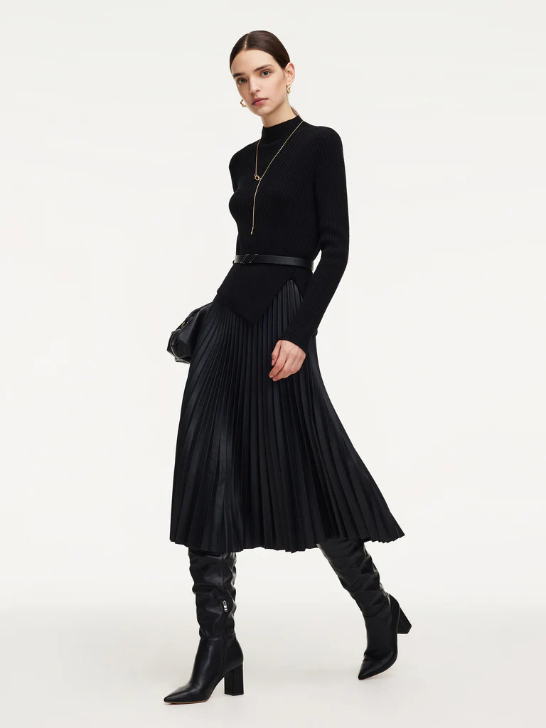 100% Wool Knit Top And PU Leather Skirt Two-Piece Set With Belt | GOELIA