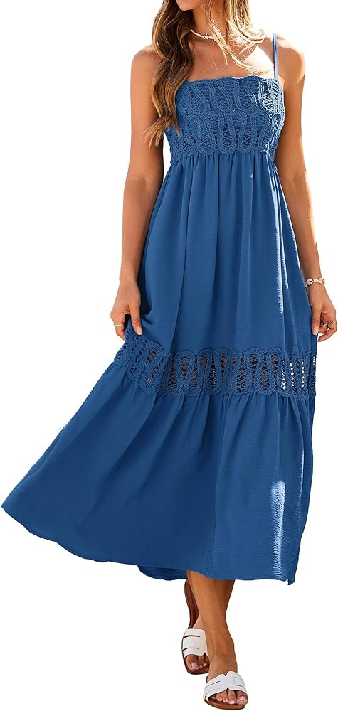 Glamaker Women's Summer Crochet Lace Maxi Dress 2026 Spaghetti Strap Smocked Flowy Beach Vacation... | Amazon (US)
