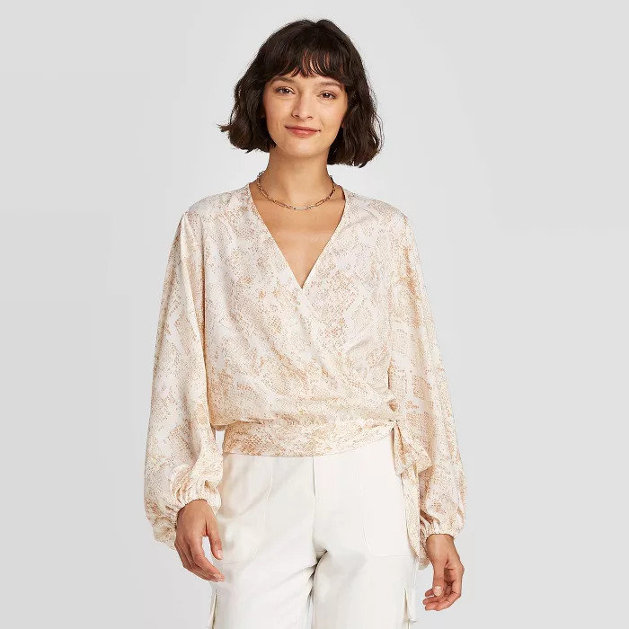 Women's Snake Print Balloon Long Sleeve Wrap Top - A New Day™ Cream | Target
