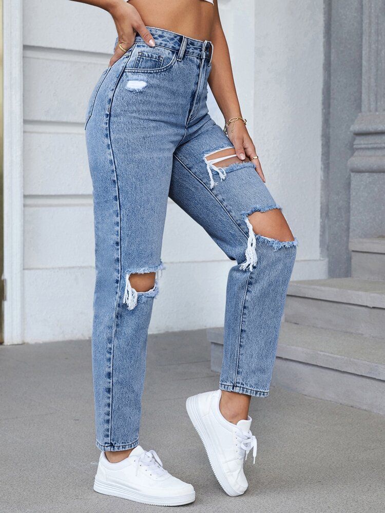 High Waist Ripped Tapered Jeans Without Belt | SHEIN