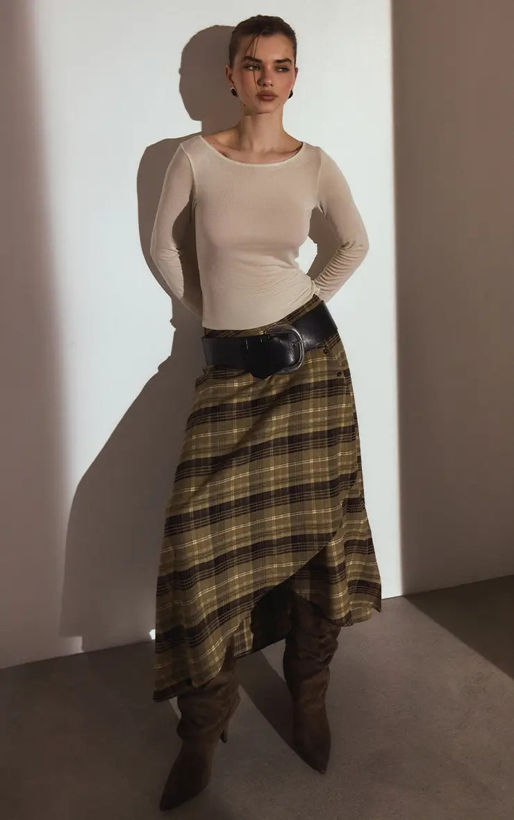 Green Check Brushed Woven Asymmetric Midi Skirt | PrettyLittleThing US