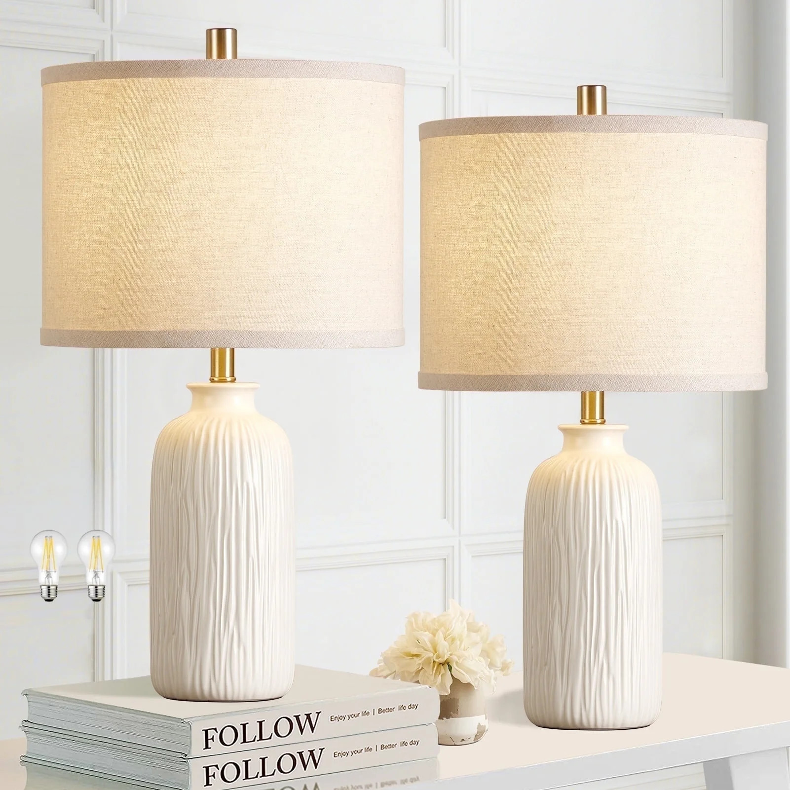 RORIA 21" Modern Ceramic Table Lamp Set of Two, Rustic Farmhouse Bedside Lamp for Living Room Bed... | Walmart (US)