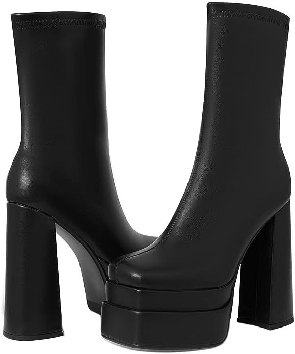 Mattiventon White Platform GoGo Boots for Women Chunky High Heels Knee High Stretch Boots | Amazon (US)