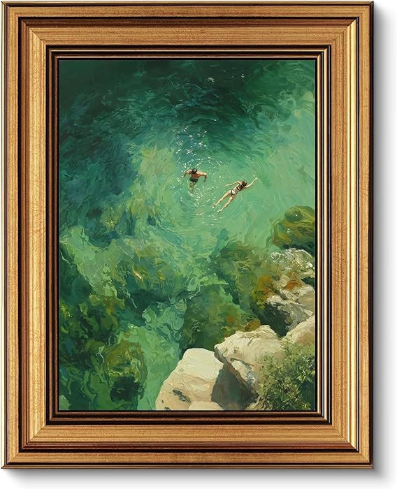 Gold Framed Wall Art, Swimming in Green Abstract Canvas Prints \u2013 Vintage Minimalist Summer H... | Amazon (US)