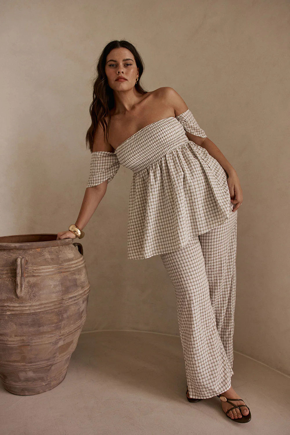 Beige Plaid Elastic Drawstring Sloane Pants | Sabo Skirt US