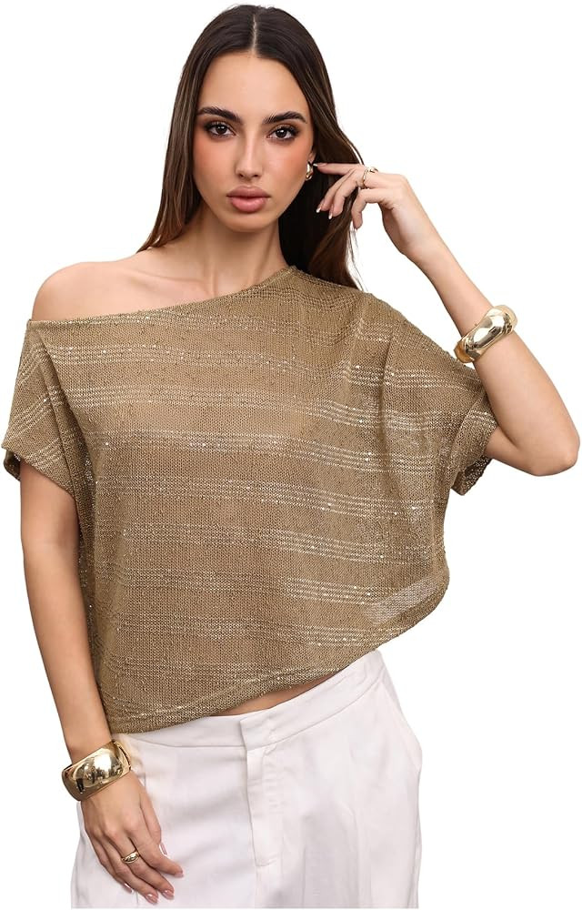 SweatyRocks Women's Asymmetrical Sparkle Poncho Tops Off The Shoulder Lightweight Sheer Shawl Swe... | Amazon (US)