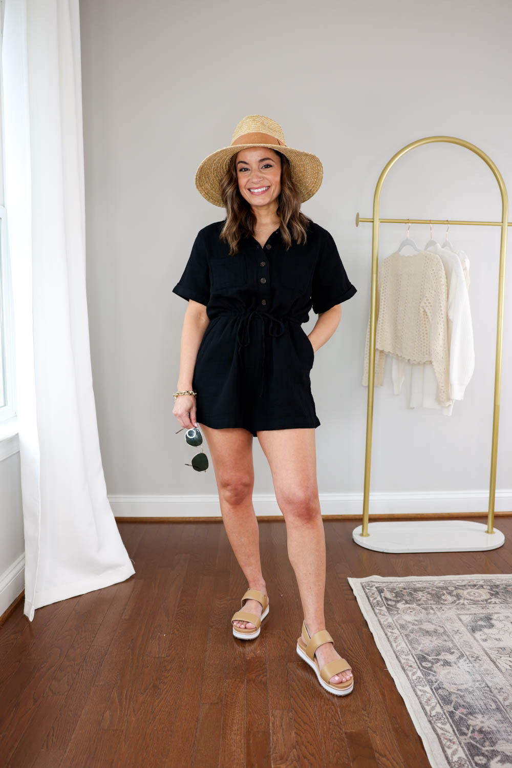 Petite-friendly swimsuit and coverup! 
Sizing: 
Swimsuit (J.Crew Factory): XXS - tts Romper (Old. Navy): Petite XS - tts Sandals (Quince): tts Hat (Brixton)

I’m 4’10”, and my bust, waist, and hip measurements are 32″, 24″, and 36″. My inseam is 25″ (the measurement from the inside of my leg to my ankle bone). The clothes shown are unaltered and show how they fit me right from the store.  

 #LTKPetite #LTKSwim