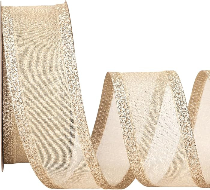 Ribbli Champagne Christmas Wired Ribbon, Metallic Wired Ribbon with Glitter Edge 1-1/2 Inch x 10 ... | Amazon (US)