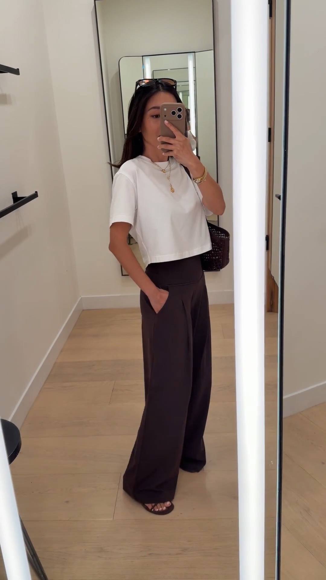 ON sale but left in regular length only - I got mine hemmed to 27.5” long (it’s free!) so petites can still get regular length and just bring in store to hem. 
 • Align Palazzo Pant size 2 in Short (29.5" inseam), use their free hemming to wear with flats 
• Cropped T-Shirt XXS 
• Reformation sandals 5.5 
• Madewell bag and sunglasses 

Easy mom outfit, athleisure, walks, mom school pickup

#LTKPetite #LTKTravel #LTKmomlife