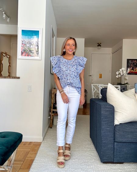 Blue floral statement sleeve top and comfortable white jeans! Use code AMY15 for 15% off, everything is true to size 🧨🇺🇸 #4thofJuly #floraltop #whitejeans #wovensandals #raffiasandals #platformsandals 

#LTKSeasonal #LTKunder50 #LTKshoecrush