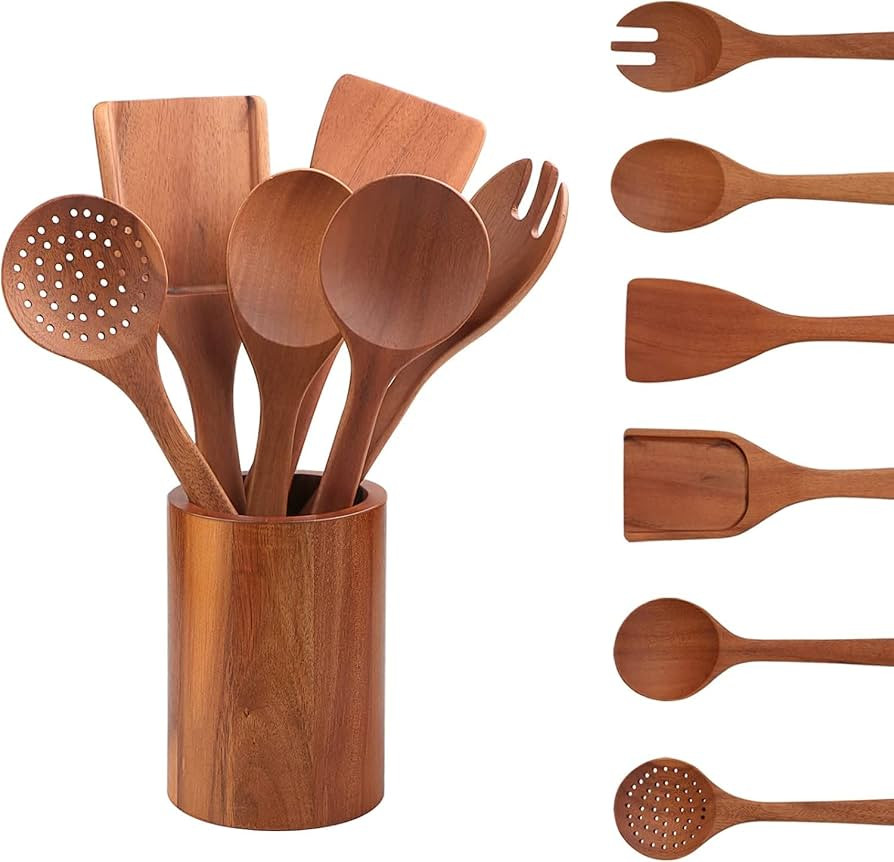 Acacia Wooden Utensils for Cooking 7 Pieces,Wooden kitchen Utensil Set with Matching Holder For N... | Amazon (US)