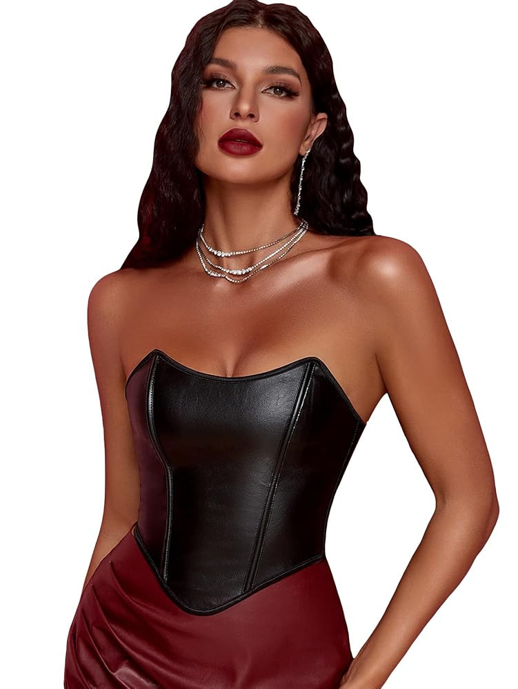 SOLY HUX Women's PU Leather Overbust Corset Bandana Tube Tops Lace up Strapless Boned Body Shaper... | Amazon (US)