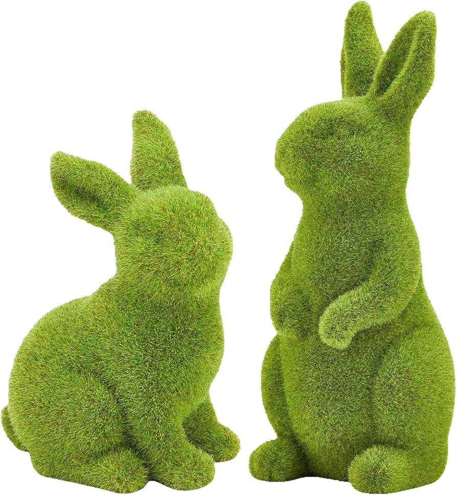 2 PCS Moss Bunny Decorative Figurines Flocked Resin Easter Bunny Decor Green Moss Bunnies for Spr... | Amazon (US)