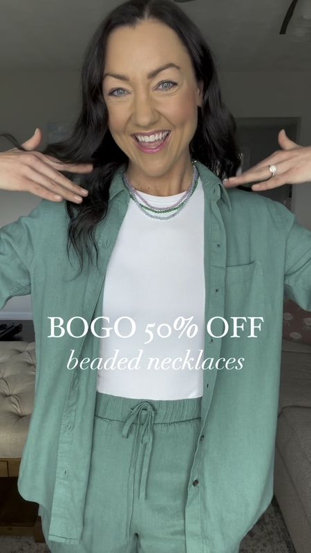 BOGO 50% off beaded necklaces & an affordable shorts set from Target👏 I’ve been wanting these necklaces for months, so I instantly bought them during this sale. They did not disappoint!! 

11 color options, and they make great gifts for Mother’s Day, a friend, or teacher appreciation week. You could even do the mom’s child’s school/sports colors! They make great layering necklaces. 

And I am in love with this linen set from Target! I ordered the blue to try too, waiting for it to arrive and then I’ll decide which to keep! The pieces can be paired together or as separates🩵

Sizing:
Shorts set fits TTS, but if between sizes you can probably size down. I’m wearing an XS in both pieces. 

Affordable style, classic style, casual style, casual outfit, mom style, jewelry, sale alert, summer outfit, Target find 

#LTKfindsunder50 #LTKsalealert #LTKstyletip