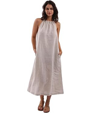 Amazhiyu Womens Linen Halter Sleeveless Maxi Dress Tie Back with Belt and Pockets | Amazon (US)