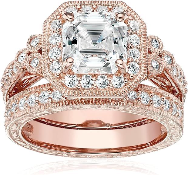 Amazon.com: Rose-Gold-Plated Sterling Silver Antique Ring set with Asscher-Cut Swarovski Zirconia... | Amazon (US)