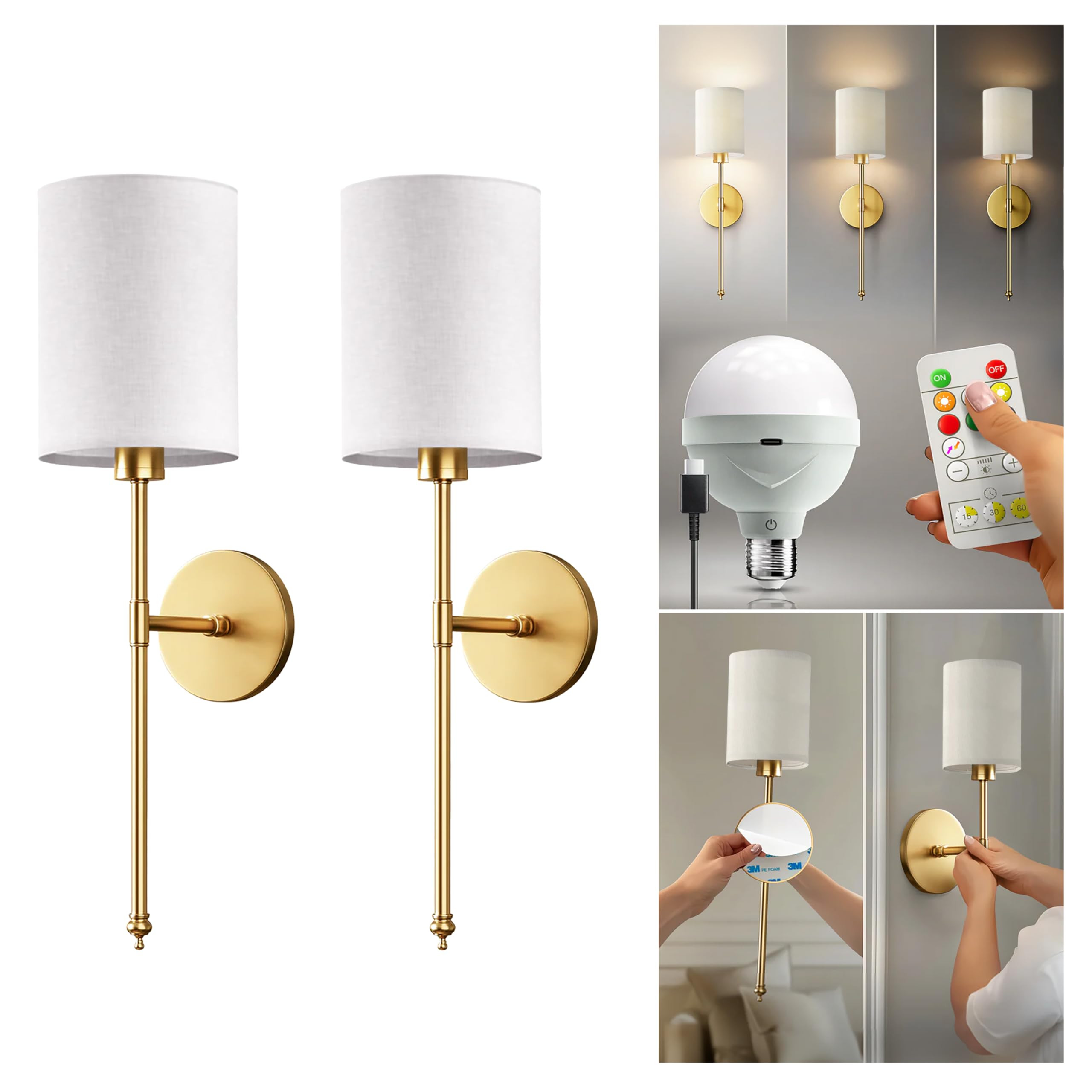 Set of 2 Wireless Wall Sconces Peel & Stick with Adhesives for Easy Installation with Rechargeabl... | Amazon (US)