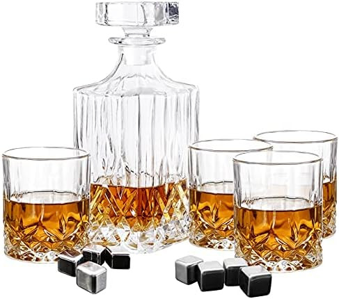 Betesine Crystal Whiskey Decanter Set , Classic Whiskey Decanter and 4 Whiskey Cup and 8 Whiskey Sto | Amazon (US)