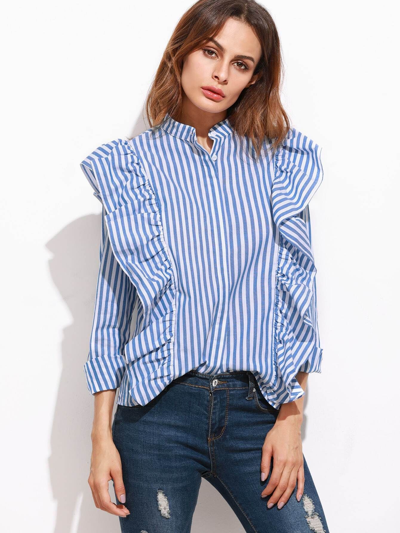 Blue Vertical Striped Hidden Button Ruffle Blouse | SHEIN