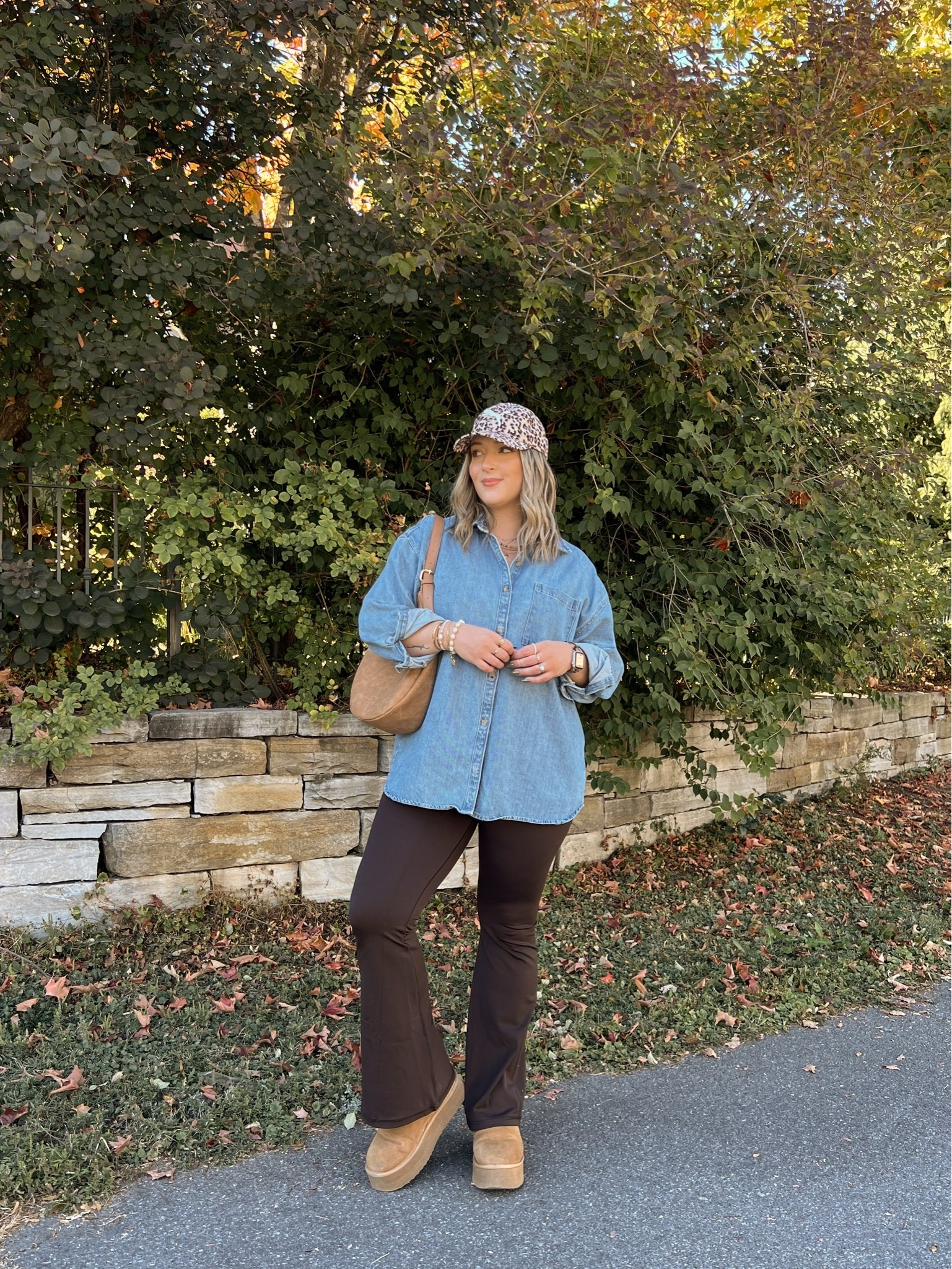 Fall outfit from last year! Wearing L in the Old Navy denim button up shirt (exact Canadian shirt link under “similar products). Also wearing L in the brown flare leggings. I’m a 9.5-10 shoe and wear a 10 in the Ugg alternative boots

#LTKfall #LTKsale #LTKmidsize