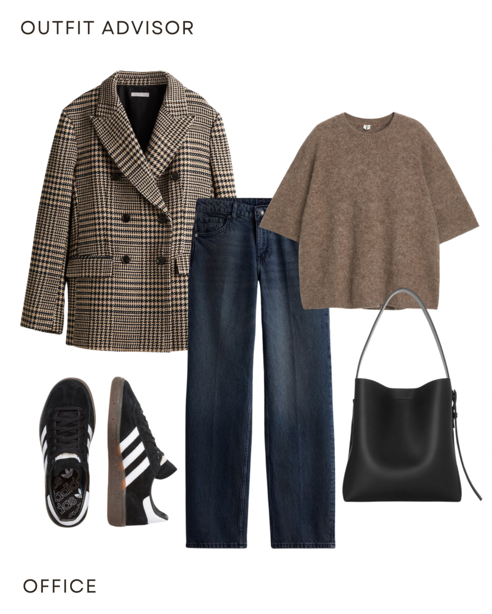 Casual autumn office outfit inspo: a plaid blazer jacket, brown knit jumper with quarter sleeves, a black leather tote bag, jeans and adidas spezial

#LTKworkwear #LTKstyletip #LTKautumn