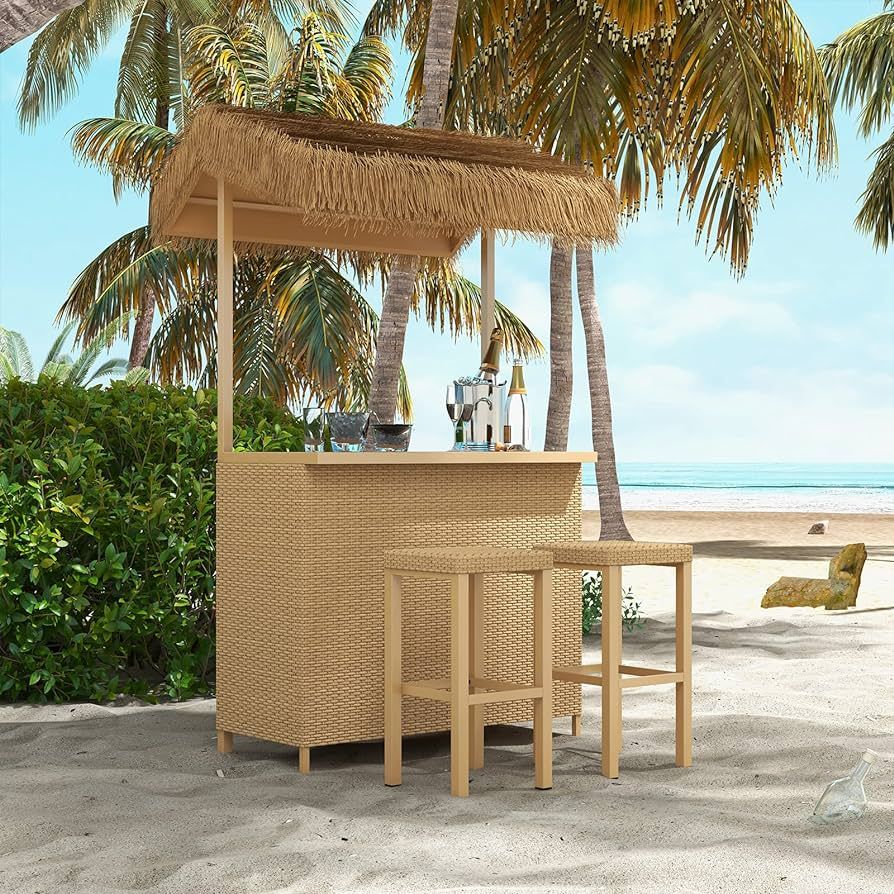 Grand patio Outdoor Tiki Bar Set, Phuket 3-Piece Wicker Islander Tiki Bar and 2 Stools with Ceram... | Amazon (US)