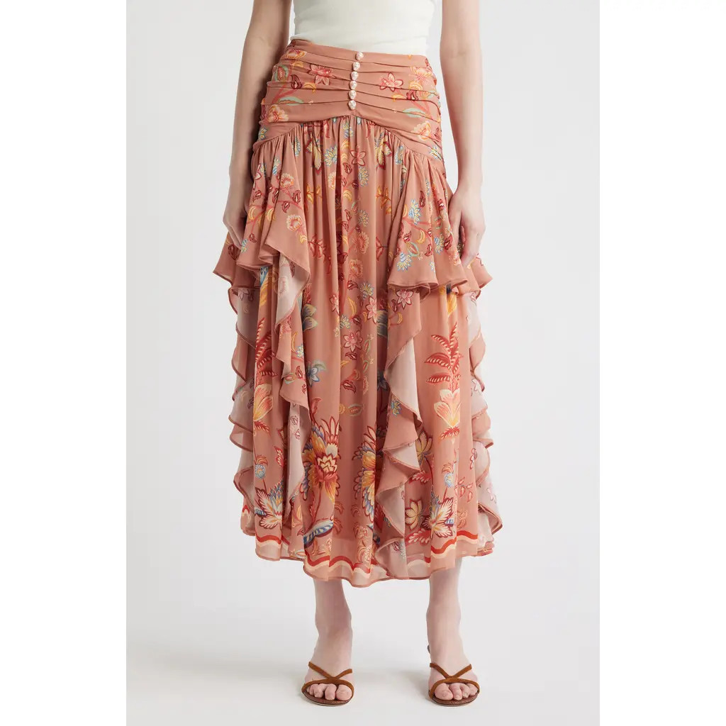 FARM Rio Boho Enhance Ruffled Maxi Skirt in Boho Enchance Mocha at Nordstrom, Size Xx-Small | Nordstrom
