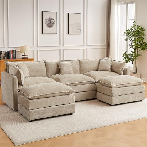 saows Modular Sectional Sofa, 112.2 Inch U Shaped Couch Set with Armrests, 3-Seater Comfy Cloud Couches with Movable Ottoman for Living Room Apartment, Coffee | Amazon (US)