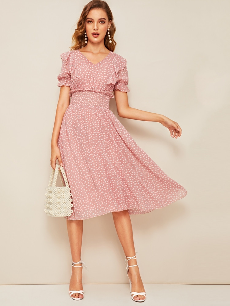 Ruffle Trim Puff Sleeve Shirred Waist Dress | SHEIN