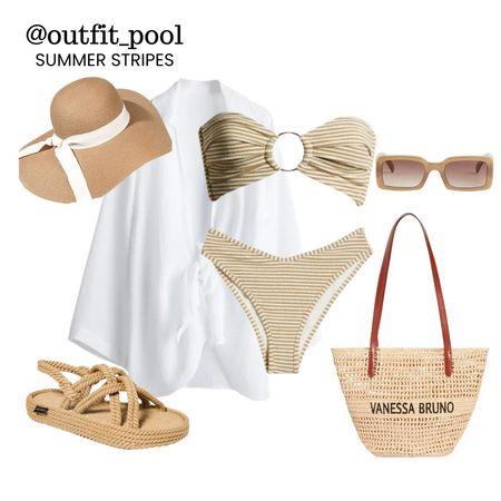Beach wear, bikini, striped bikini,white linen shirt, white beach hat, summer vacation outfit 

#LTKfindsunder50 #LTKstyletip #LTKtravel