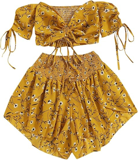 SheIn Women's Boho Floral Two Piece Outfit Off Shoulder Drawstring Crop Top and Shorts Set | Amazon (US)