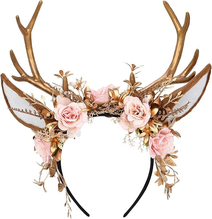 MOSTORY Handmade Gold Flower Antler Headband - Woodland Floral Reindeer Headpiece with Deer Ears ... | Amazon (US)