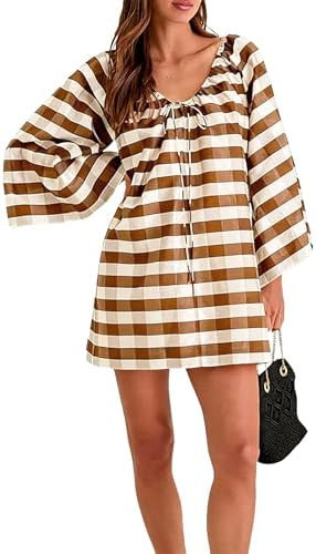 Women's Boho Dress Gingham Bell Sleeve Tie Neck Shift Dress Beach Cover Up Mini Dress | Amazon (US)