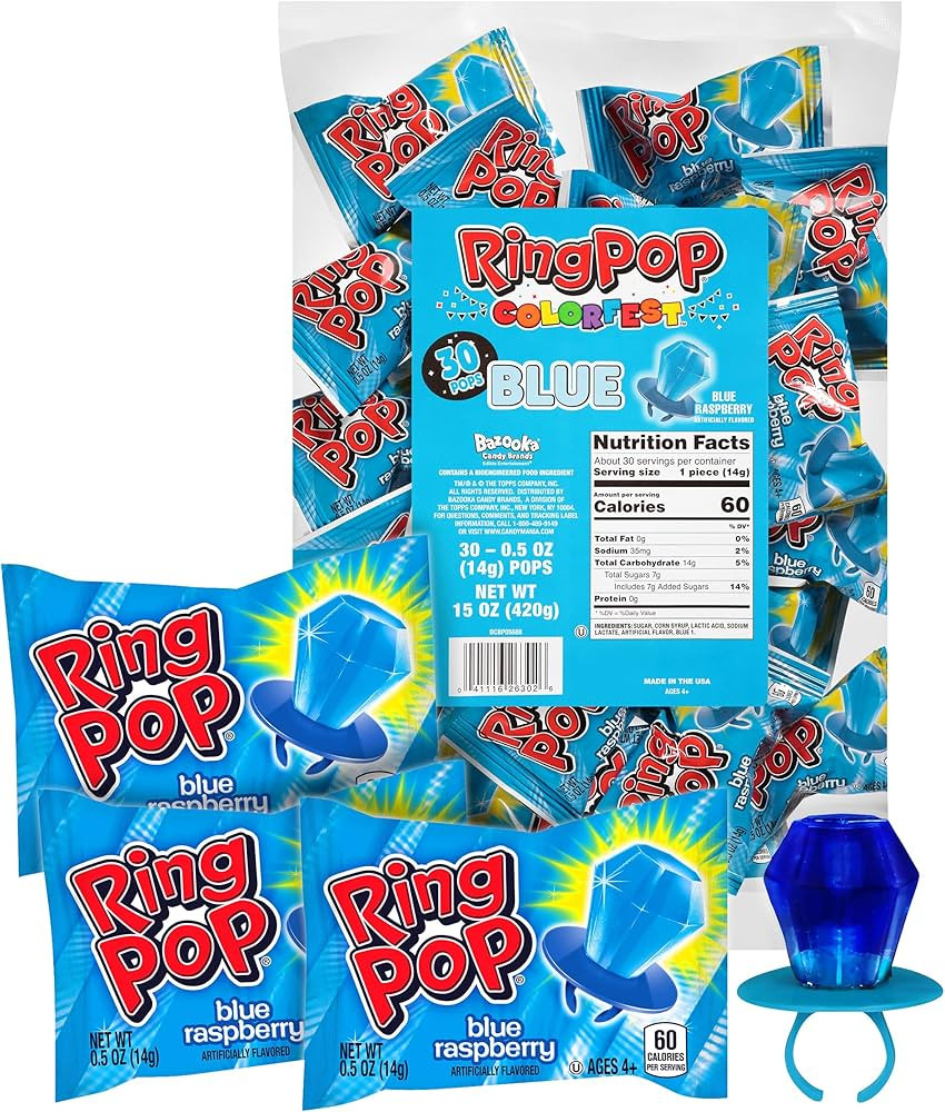 Ring Pop Colorfest Individually Wrapped Blue Raspberry 30 Count Bulk Lollipop Pack -Blue Lollipop... | Amazon (US)