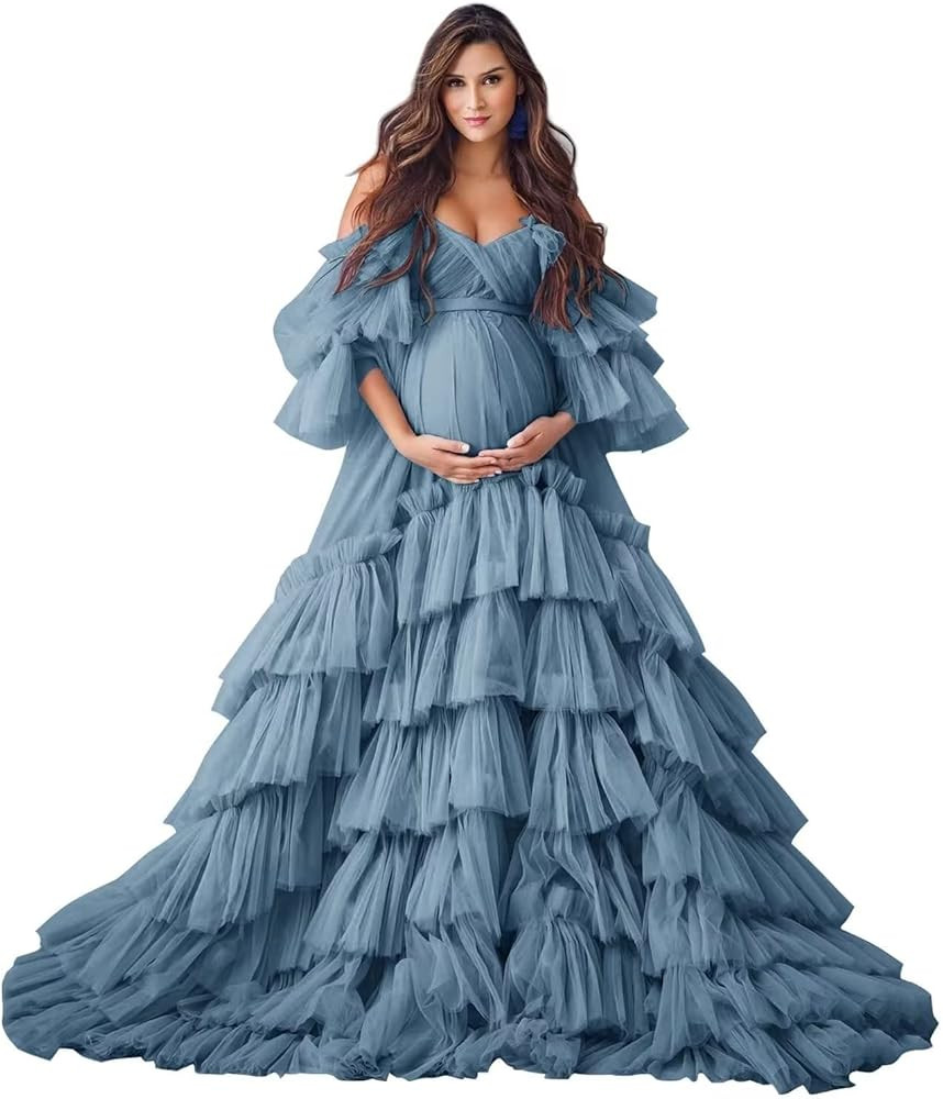 Ruffles Puffy Tulle Maternity Dresses for Photoshoot Off Shoulder Bridal Lingerie Baby Shower Pre... | Amazon (US)