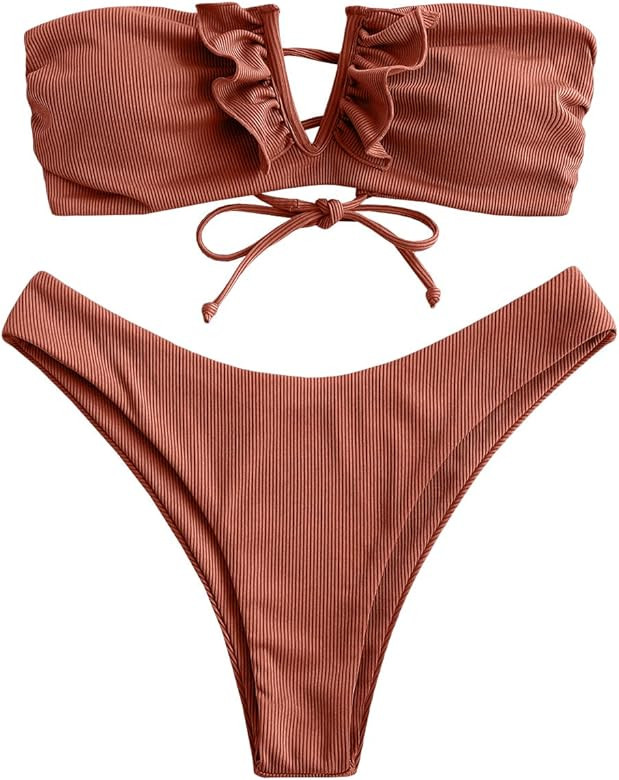ZAFUL Women V-Wired Ruffle Ribbed Bandeau Bikini, Lace Up Bikinis Strapless Two Pieces Swimsuit | Amazon (US)