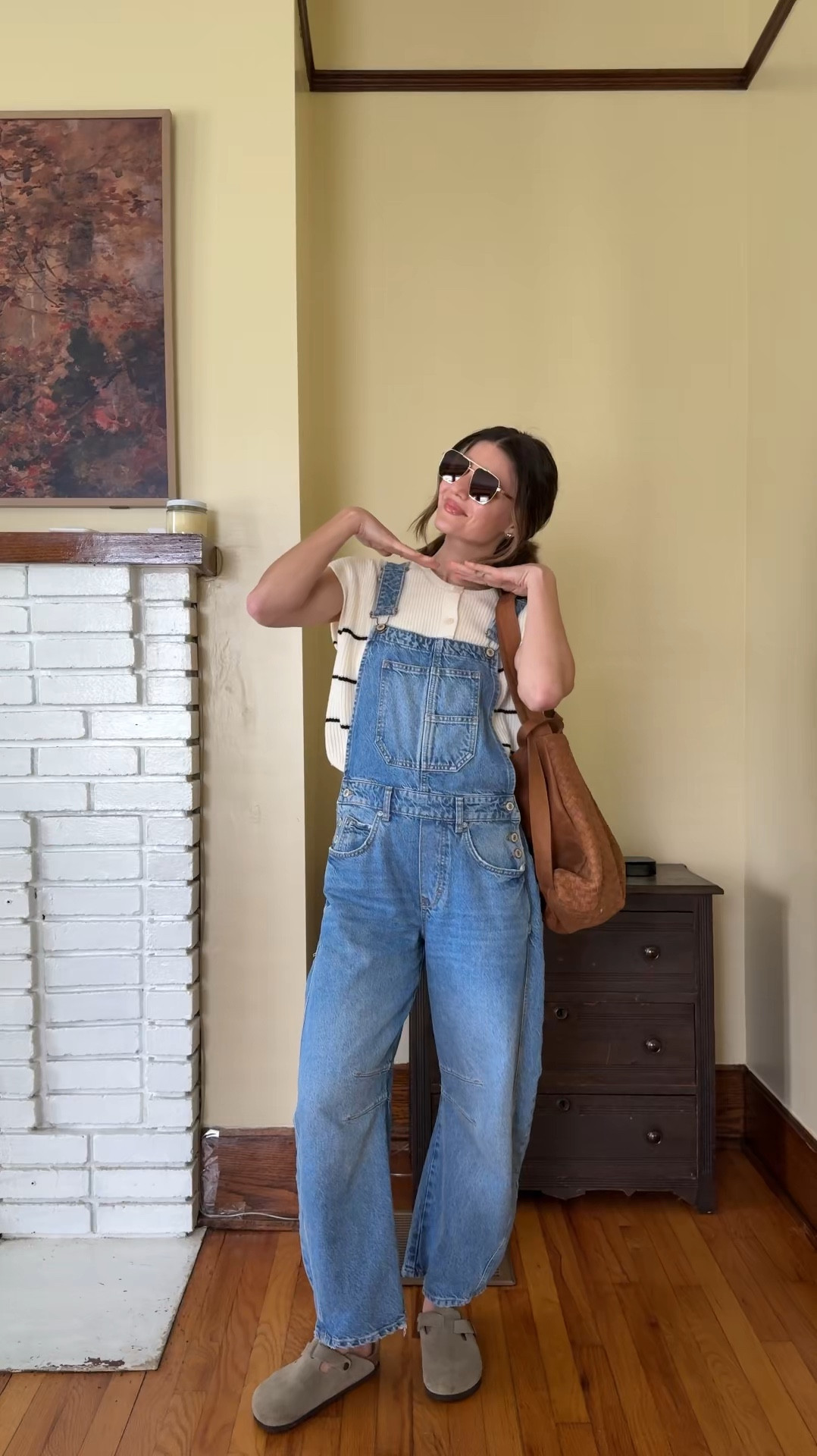These overalls are one of my most worn items, year round! Wearing xs, they run loose. Small in sweater cardigan, tts shoes  
