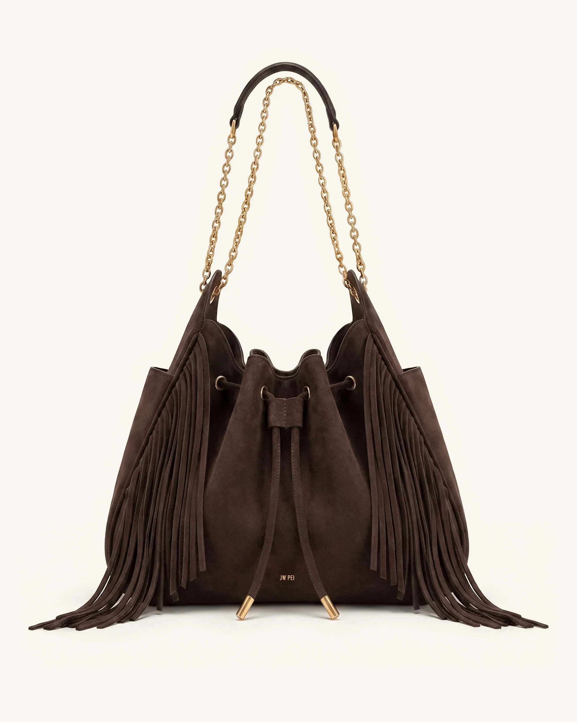 Rowan Faux Suede Tassel Ruched Drawstring Chain Bucket Bag - Amber Brown | JW PEI US