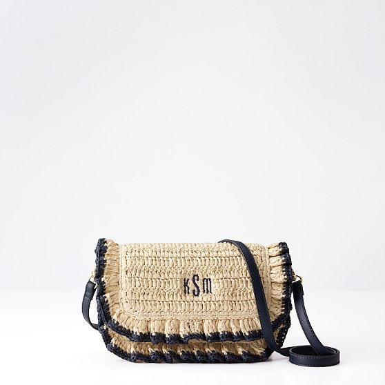 Sofia Ruffle Raffia Crossbody Bag, Navy | Mark and Graham