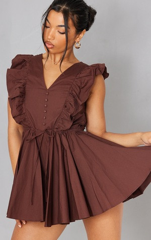 Chocolate Poplin Button Detail Flare Short Romper | PrettyLittleThing US