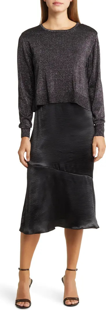 Satin Slipdress with Metallic Sparkle Boat Neck Sweater | Nordstrom
