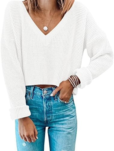 MIROL Women's Waffle Knit Cropped Top V Neck Long Sleeve Pullover Sweater Casual Solid Crop Sweat... | Amazon (US)