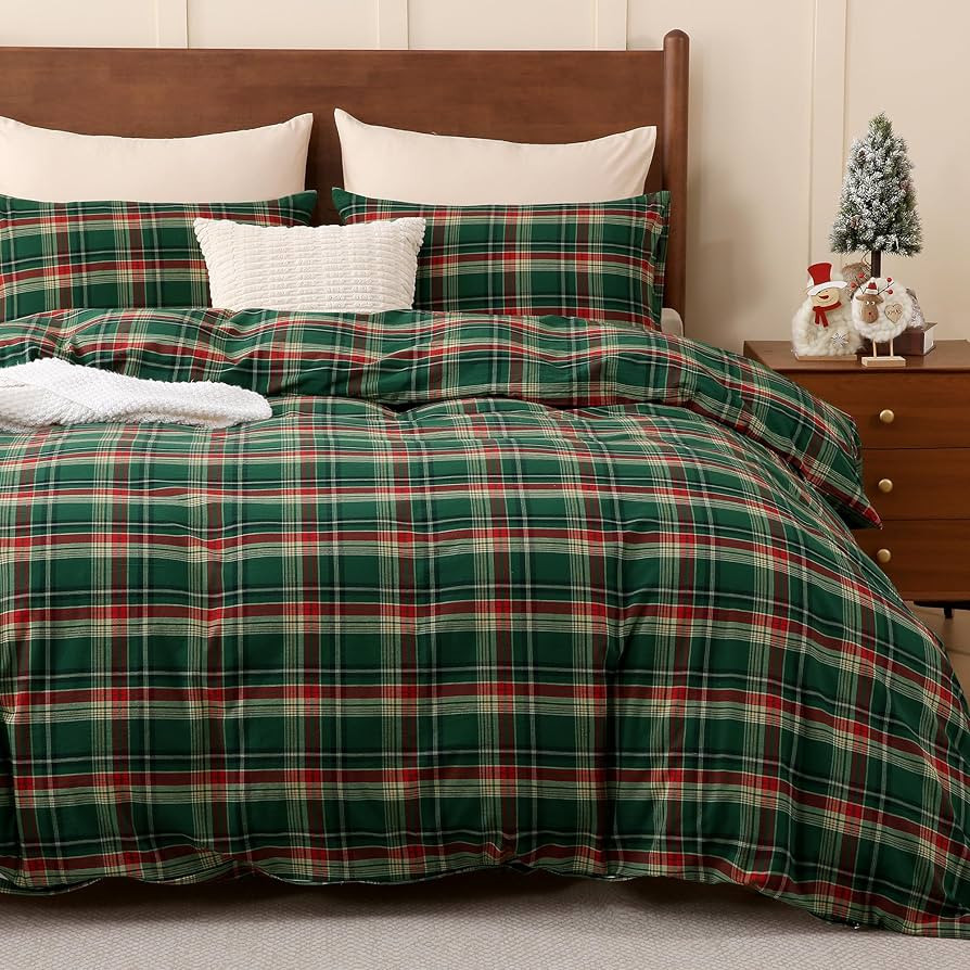 TOCOMOA Christmas Plaid Duvet Cover Set 100% Washed Cotton Like Linen Feel Super Soft Comfy 2 Pie... | Amazon (US)