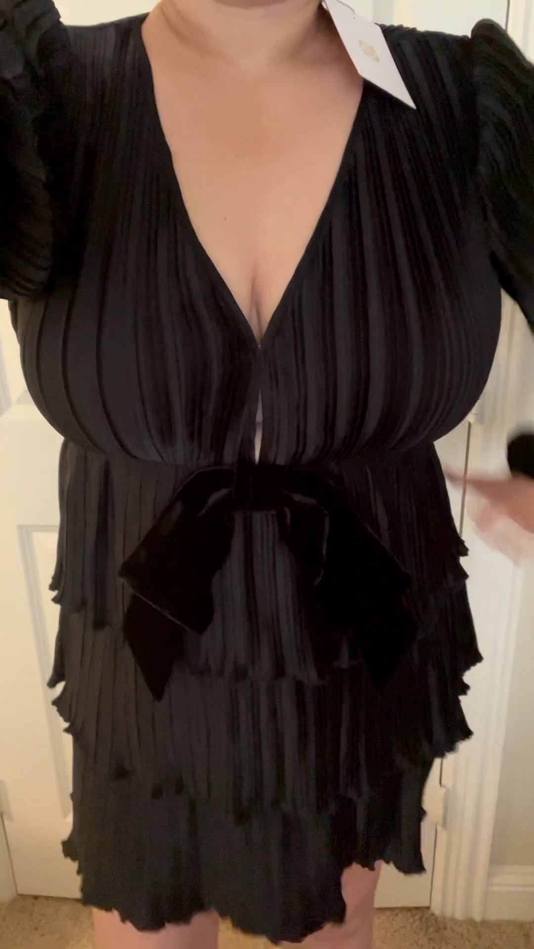 This would be a cute dress for you gals that have a smaller, lower-profile bust line. I love the flirty tiered skirt and velvet bow but the silhouette just doesn’t do me any favors. NYE dress.

I’m an Apple shape with large boobs and a short, thick waist. This is a 12. 

#LTKMidsize #LTKHoliday #LTKFindsUnder100