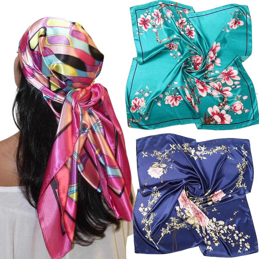 AWAYTR 35” Large Satin Square Head Scarf - 2Pcs Silk Like Floral Head Scarves Square Satin Hair... | Amazon (US)