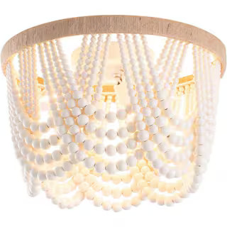 aiwen 12.6 in. 3-Light Antique Rustic White Flush Mount Bohemia Wood Beaded Ceiling Light Mini Ch... | The Home Depot