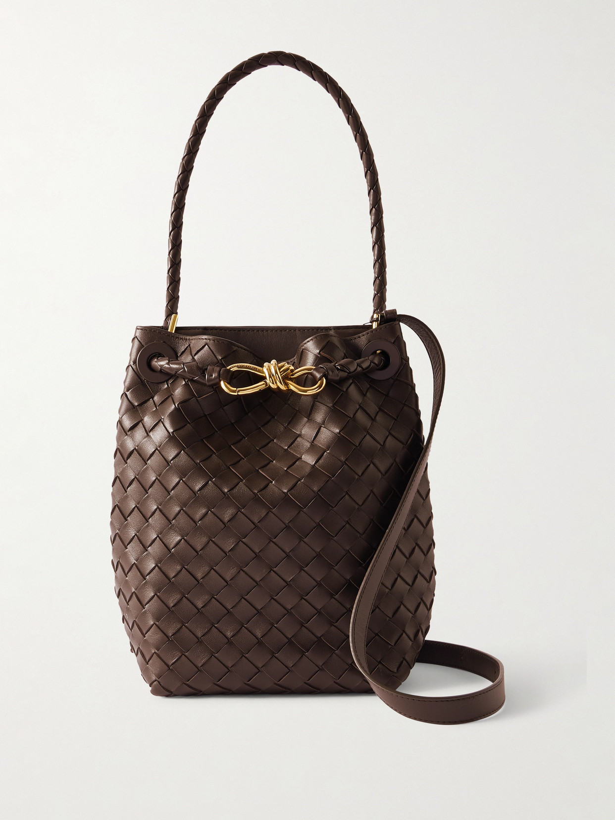 Bottega Veneta - Andiamo Intrecciato Leather Bucket Bag - Chocolate | NET-A-PORTER (UK & EU)