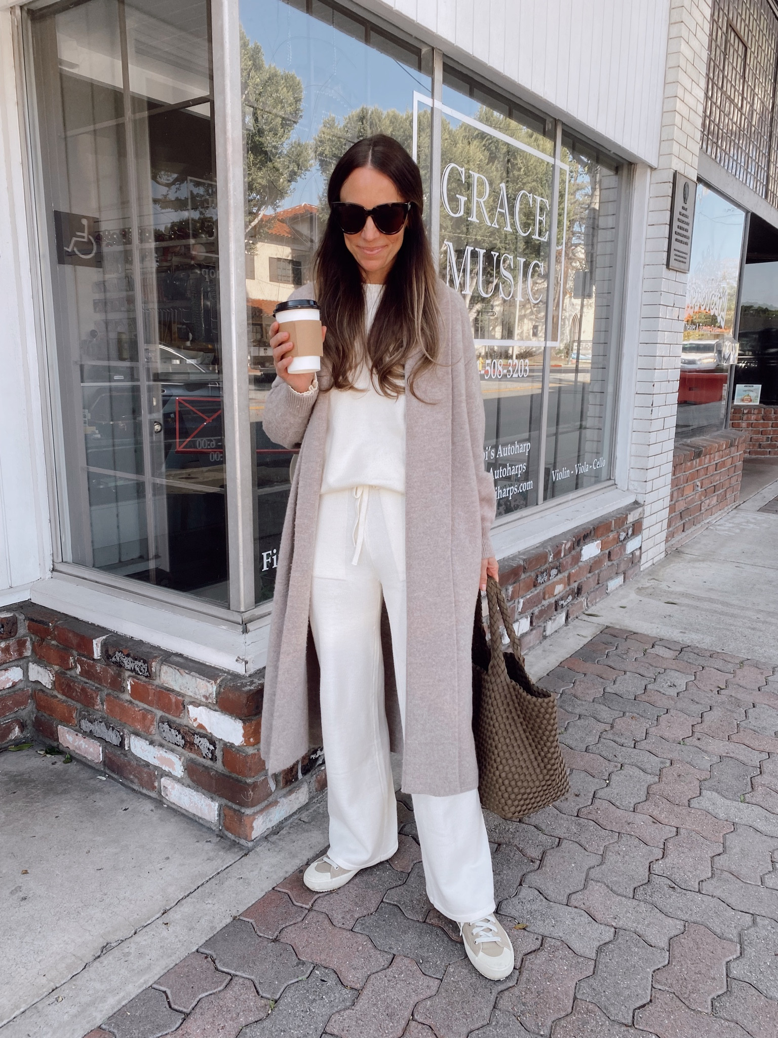 School drop outfit 
Sweater pants and top set (both run Tts) 
Cashmere duster ca stain 

#LTKSeasonal