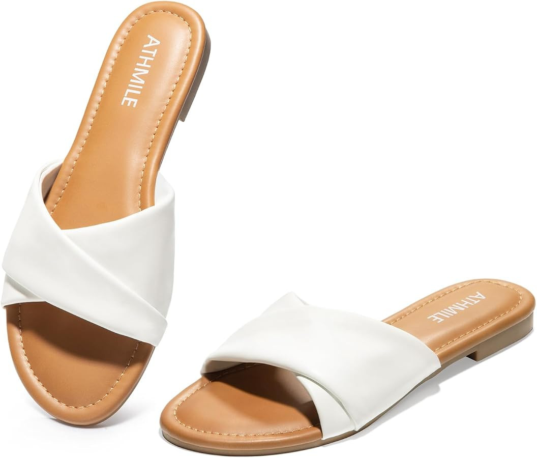 ATHMILE Sandals Women Dressy Summer Flat Comfortable Fashion Beach Cute Ladies Slides Leather Cas... | Amazon (US)